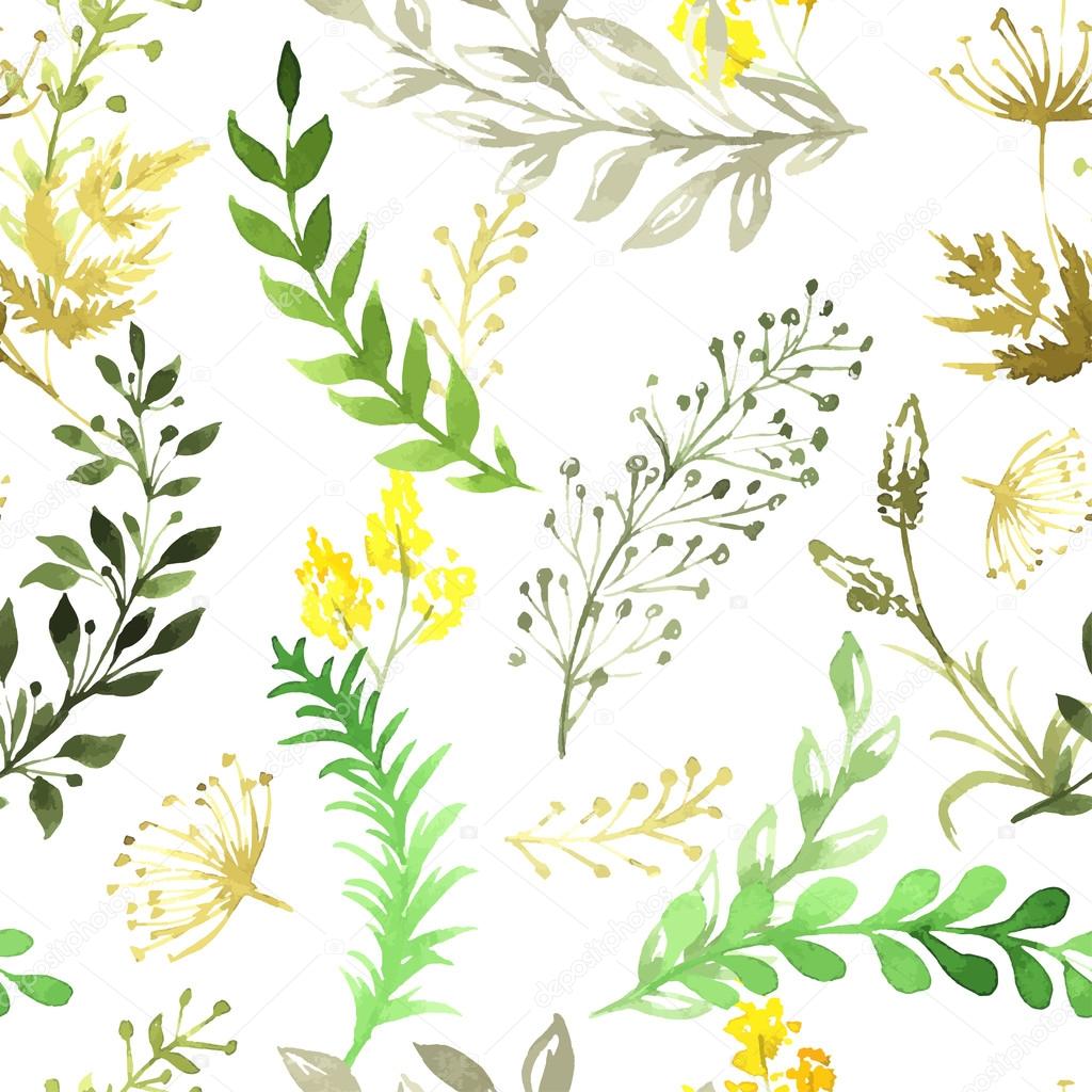 Vector seamless pattern with silhouettes of flowers and grass, drawing by watercolor, hand drawn illustration