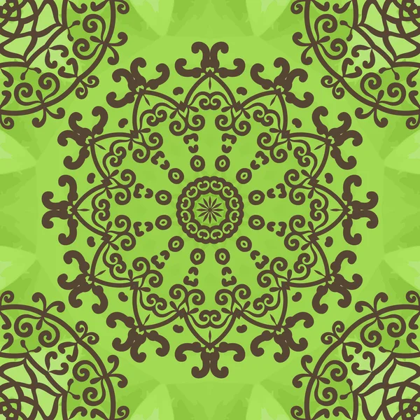 Motif floral sans couture sur texture verte, fleur de mandala dessinée à la main. Ornement rond motif de dentelle sans couture . — Image vectorielle