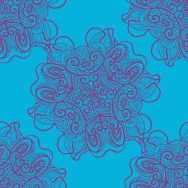 Blue and Violet Indian Vintage Seamless Ornament. Hand painted mandala. Vector illustration