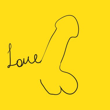 Flat penis icon and Love word hand painted on yellow color background, copyspace