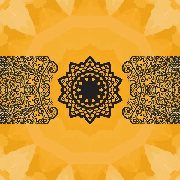 Elegante marco oriental en textura de acuarela sin costuras. Flor mandala dibujada a mano en copyspace central por encima y por debajo. Encaje ornamental. Vector abstracto tribal yoga étnico yantra patrón sin fin . — Archivo Imágenes Vectoriales