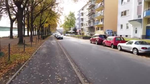Bonn Németország, 2019. november 06.: sok autó parkol a Rajna-part őszi járdáján lehullott levelekkel 4k 50fps — Stock videók