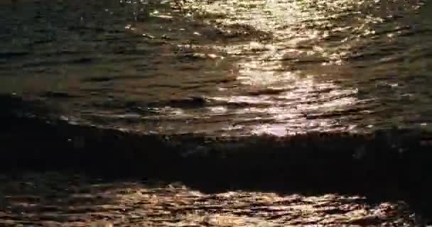 คลื่นทะเลขนาดเล็กสั่นสะเทือนในพระอาทิตย์ตก — วีดีโอสต็อก