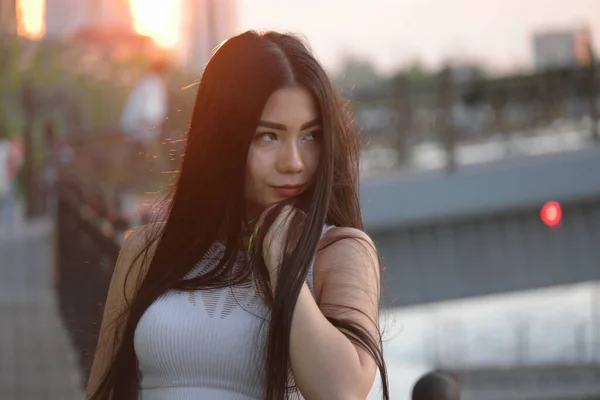 Melancholic Asian Girl Posing Sunset Time Embankment Looking Away Leaning — Stock Photo, Image