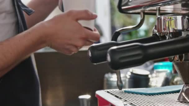 Barista ajoutant la mousse de lait chaud dans la tasse à emporter — Video
