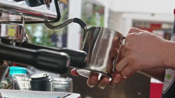 Barista bereder mjölkskum genom att ångkoka upp mjölk — Stockvideo