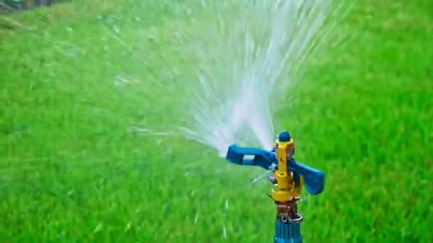 Lento movimiento del rociador de jardín esparciendo agua por todo el césped — Vídeos de Stock