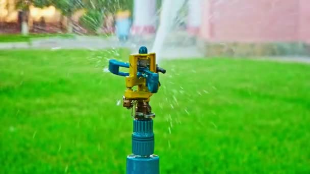 Sprinkler auf Stativ verteilt Wasser in der Luft — Stockvideo