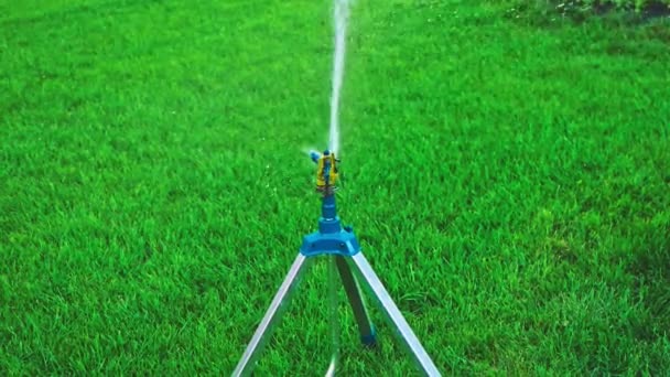 Tripod postřikovač stojící na trávě a šířící vodu kolem — Stock video