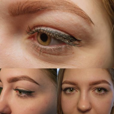 Hanımların gözleri makro görüntü kolajı. Dişilerin güzelliğini tasvir et.