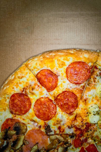 Delicious Taste Pepperoni Pizza Mozzarella Cheese Copy Space Your Text — Stock Photo, Image