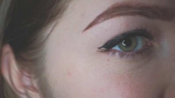 Eye close-up. Young Lady gray eye macro shoot. Macro Closeup eye blinking and looking. Eyelid, Eyesight. — Stock Video