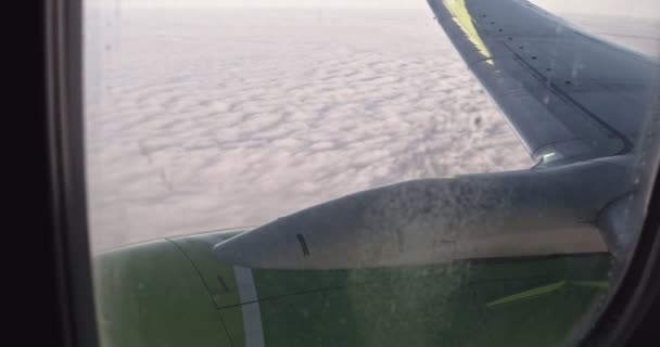 Pesawat terbang di atas awan, menembak melalui jendela kaca kotor dengan banyak tetes air kecil — Stok Video