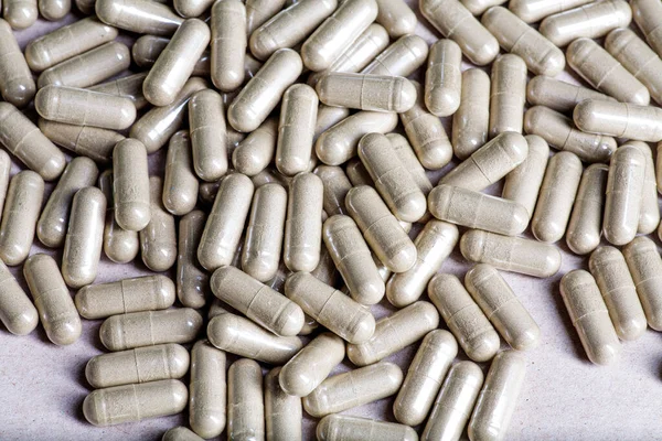 Medicina Vegetale Molte Pillole Con Polvere Sfondo Carta Biologica Dall — Foto Stock