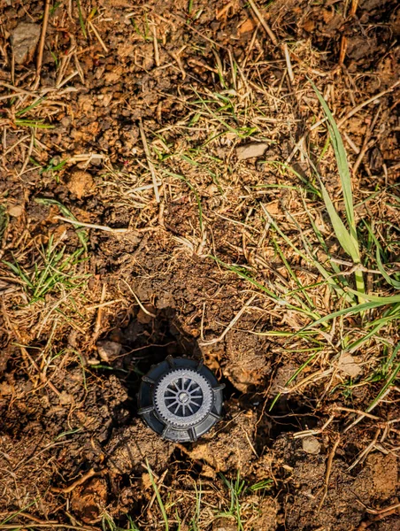 Vista Superior Aspersor Para Riego Agua Suelo Jardín Primavera —  Fotos de Stock