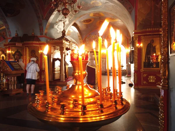 Astrakhan Russia October 2020 Orthodox Chirch View Burning Candles Foreground — Stock Photo, Image