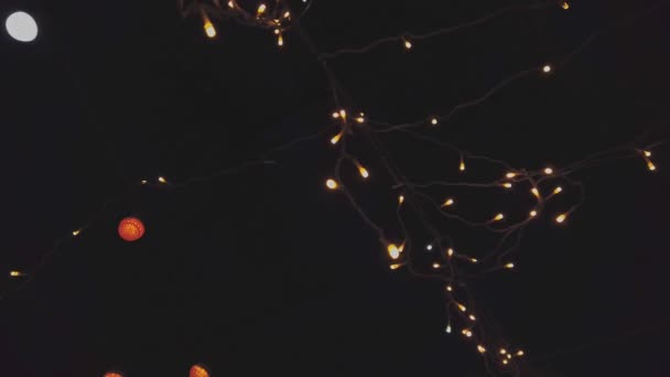 Светящиеся гирлянды на фоне черного неба. Луковицы движутся на ветру — стоковое видео