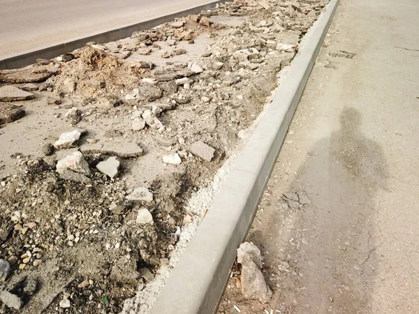 Footpath Reconstruction New Curbstone Installed Ready Fixed Concrete Copyspace — Stock Photo, Image