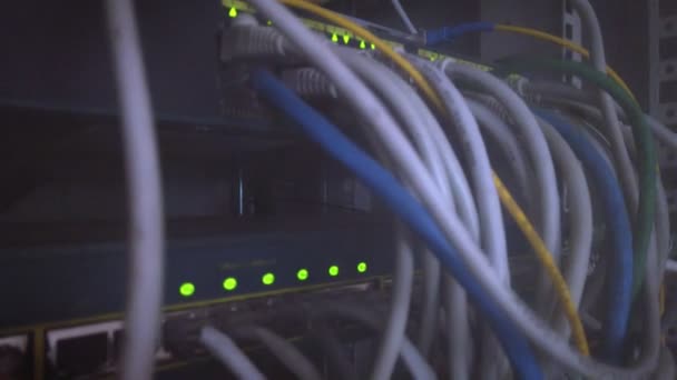 Server rack. Many wires link connect to cloud network with data stream for web media — Vídeos de Stock