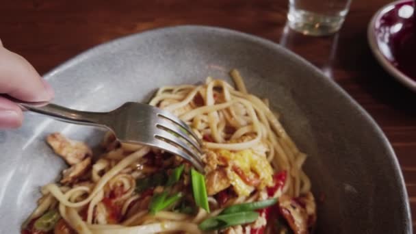 Udon pasta japanese noodles bowl fried vegetables, egg and chicken breast, man winding the noodles with fork — Video