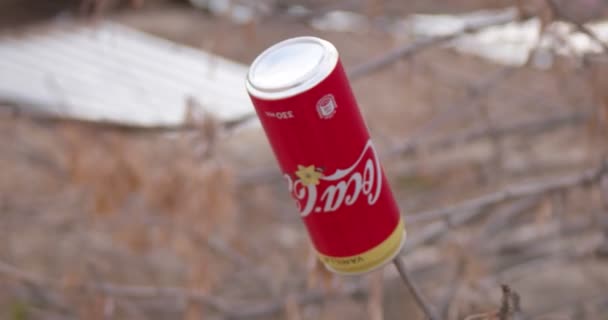 Astrakhan, Russia - 18 березня 2021: Empty Coca-Cola Vanilla Can Is Hanging On Dry Bush Branch. Популярна концепція. Велика корпорація відповідає за концепцію переробки — стокове відео