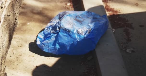 Niebieski brudny plastikowy worek poruszający się przez wiatr na ulicy miasta — Wideo stockowe