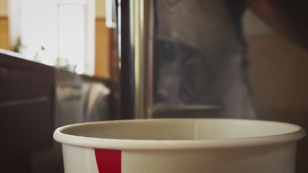 Verter refrigerante refrigerante cola em copo de papel usando pedestal máquina — Vídeo de Stock