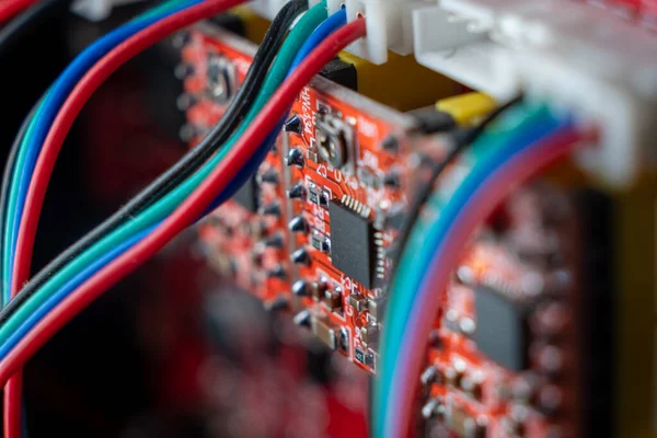 Electronic Circuit Boards Connected Power Plug Close Shallow Dof — Stock Photo, Image