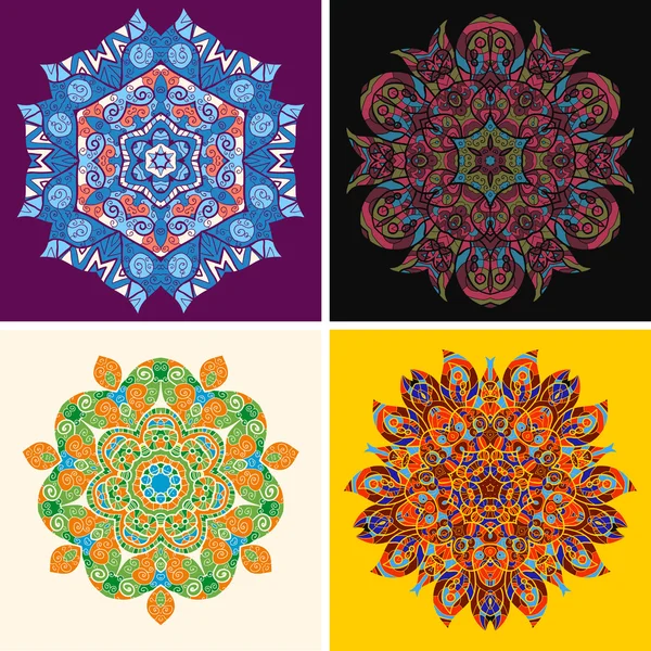 Ornamental round floral pattern. Set of four colorful ornament. Set of isolated design elements with abstract pattern. — Stock Vector