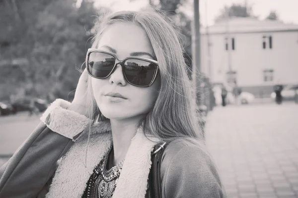 Women in sunglasses street closeup image. BW or sepia film style instagram colors — Stock Photo, Image
