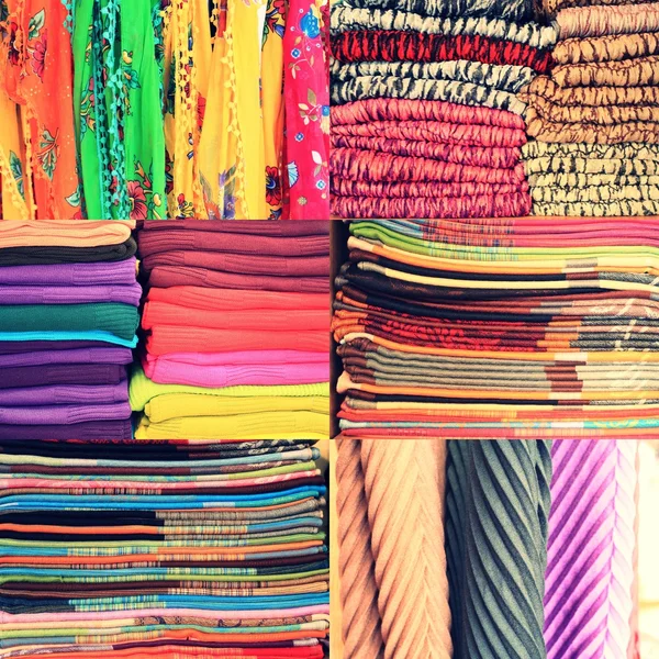 Set di materiale tessile in una pila. Collezione di stoffe colorate di immagini. Colori diversi di tessuto, grande set — Foto Stock