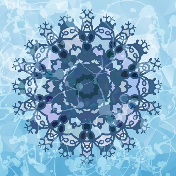 Snowflake like design over blue triangles background. Round Pattern Mandala. Stylized flower. — Stock Vector