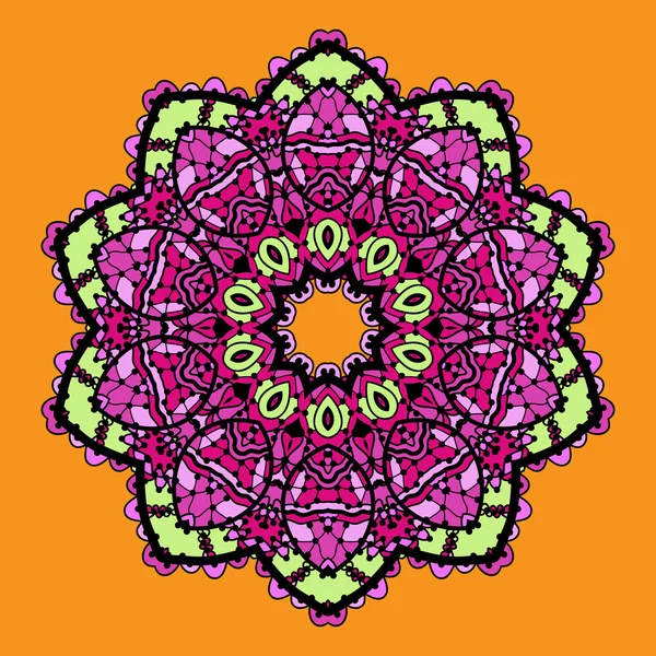 Violet stylized mandala over bright orange background. Vintage looking indian asian round pattern design. — Stock Vector