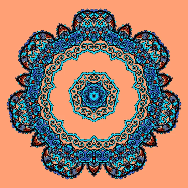 Runda Mandala. Blomma som prydnad mönster. Vintage dekorativa element. Handritad tapet. Islam, arabiska, indiska, ottomanska, asiatiska motiv på orange bakgrund — Stock vektor