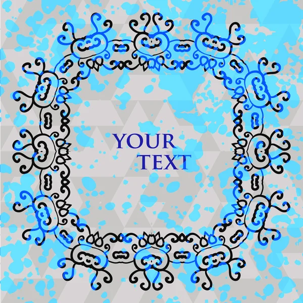 Stylized tribal ornament square frame for text with splashes of blue azure paint on background — Stock Vector
