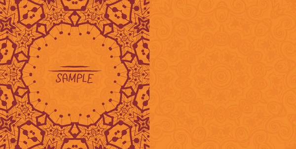 Henna orange antique banner template. Mehndi inspired tribal invitation card design. A lot of copyspace. — Stock Vector