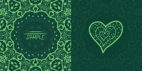 観賞用緑ベクトルの正方形のチラシ デザイン。招待状。ハート形のヴィンテージの装飾的な要素。手描きの背景。イスラム教、アラビア、インド、オスマン帝国、アジアのモチーフ。フレア テンプレート — ストックベクタ