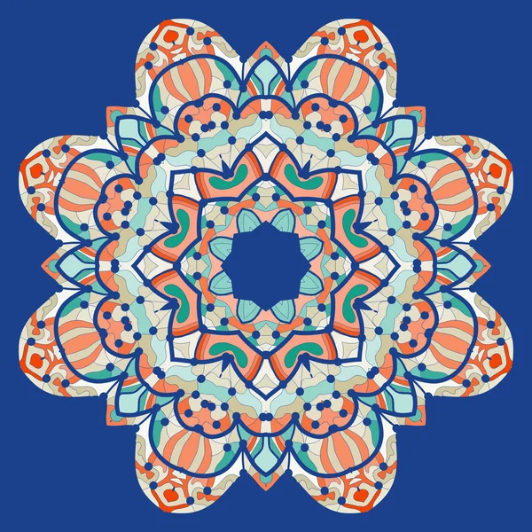 Ornamental colorful mandala. Vector square flyer card design. Invitation card. Vintage decorative element. Hand drawn background. Islamic arabic, indian, ottoman, asian motifs. Flayer template on blue — Stock Vector