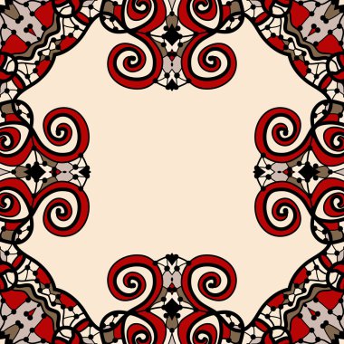 Kırmızı ve hafif kahverengi renkli metin için süslü çerçeve. Sanat vintage dekoratif öğeler. El kabile stili yantra çekilmiş. Flayer şablon oryantal tarzda motifi.