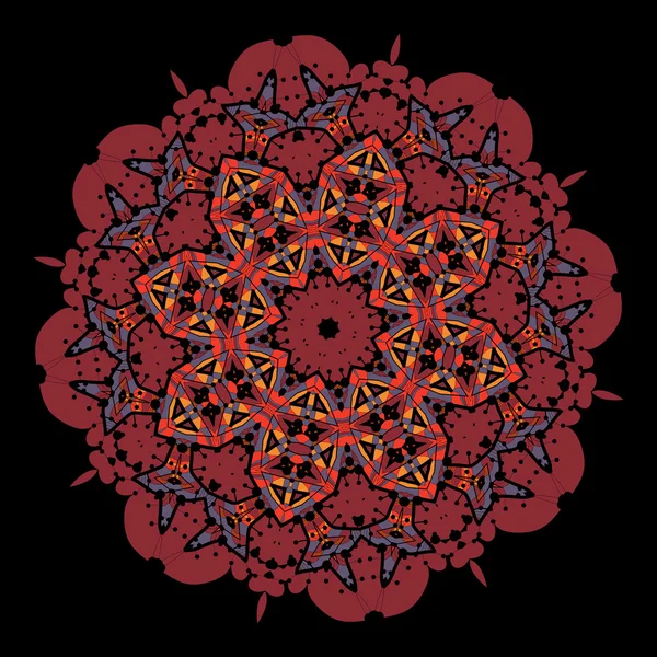 Mandala vecteur coloré décoratif de couleur rouge. Art vintage éléments décoratifs. Fleur de yantra dessinée à la main. Modèle de couche motif de style oriental sur noir — Image vectorielle