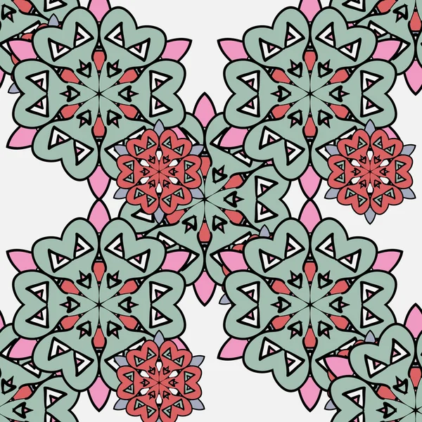 Modèle japonais. Ornement style petit rouge et grand mandalas vert sans fin conception de papier peint sans couture sur fond clair. Vintage motif tribal oriental — Image vectorielle