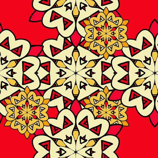 Papel de parede sem costura mandala colorido. Cenário ornamental infinito sobre fundo vermelho. Elemento de design oriental vintage — Vetor de Stock