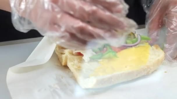 Сендвич с тунцом крупным планом — стоковое видео