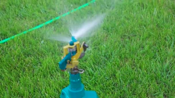 Спринклер працює і труба на траві — стокове відео