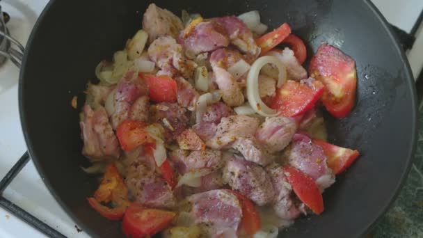 Asian pork food in  wok pan — Stock Video