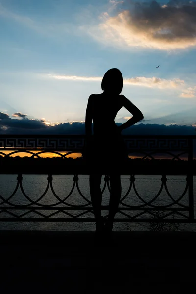Una silhouette di una donna appoggiata alla recinzione e al profondo cielo colorato della sera — Foto Stock