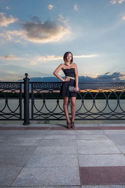 Portrait pleine longueur de belle jeune femme avec son sac à main appuyé dos contre une clôture en métal dans la soirée — Photo