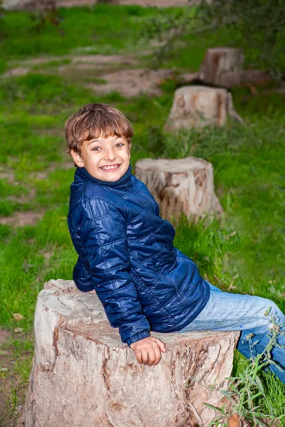Portrait of a cute kid outdoor on a tree stump enjoying nature — Stock Photo, Image