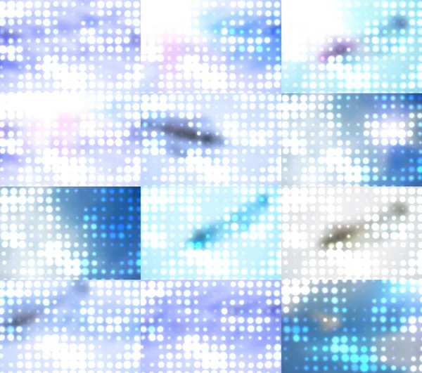 Manchas borrosas y puntos de colores en color azul fuera de foco de fondo, colección de imágenes. Puntos de medio tono abstractos. Puntos de luz sobre fondo azul, ilustración de trama —  Fotos de Stock