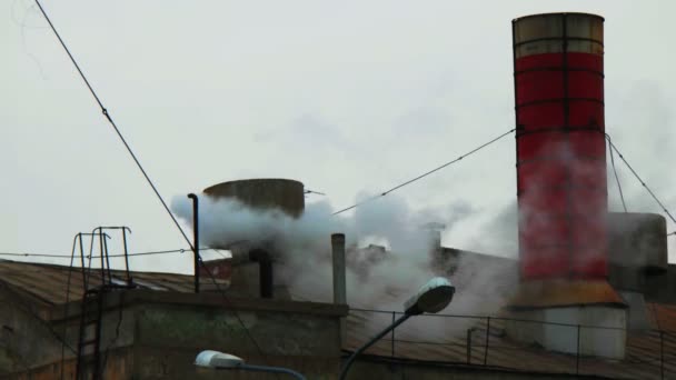 Old plant roof with steam fly over — Stock Video